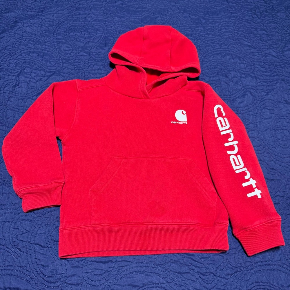 Carhartt Kids Red Fleece Pullover Hoodie Logo Sleeve Graphic Size 4 Stained Read